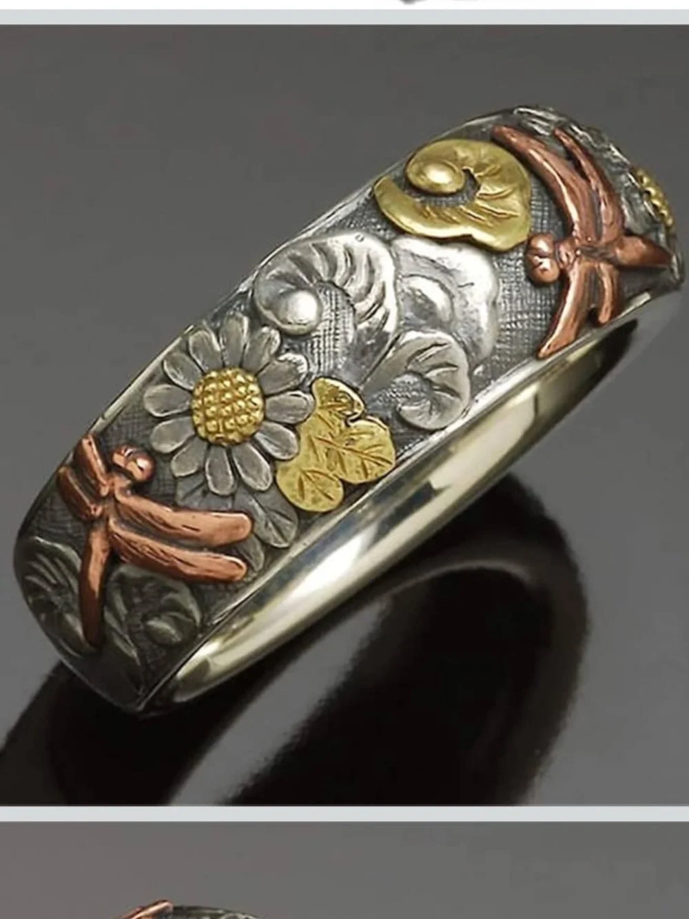 Vintage Silver and Rose Gold Colorful Carved Dragonfly Ring, Size 7, NWOT - Picture 3 of 5